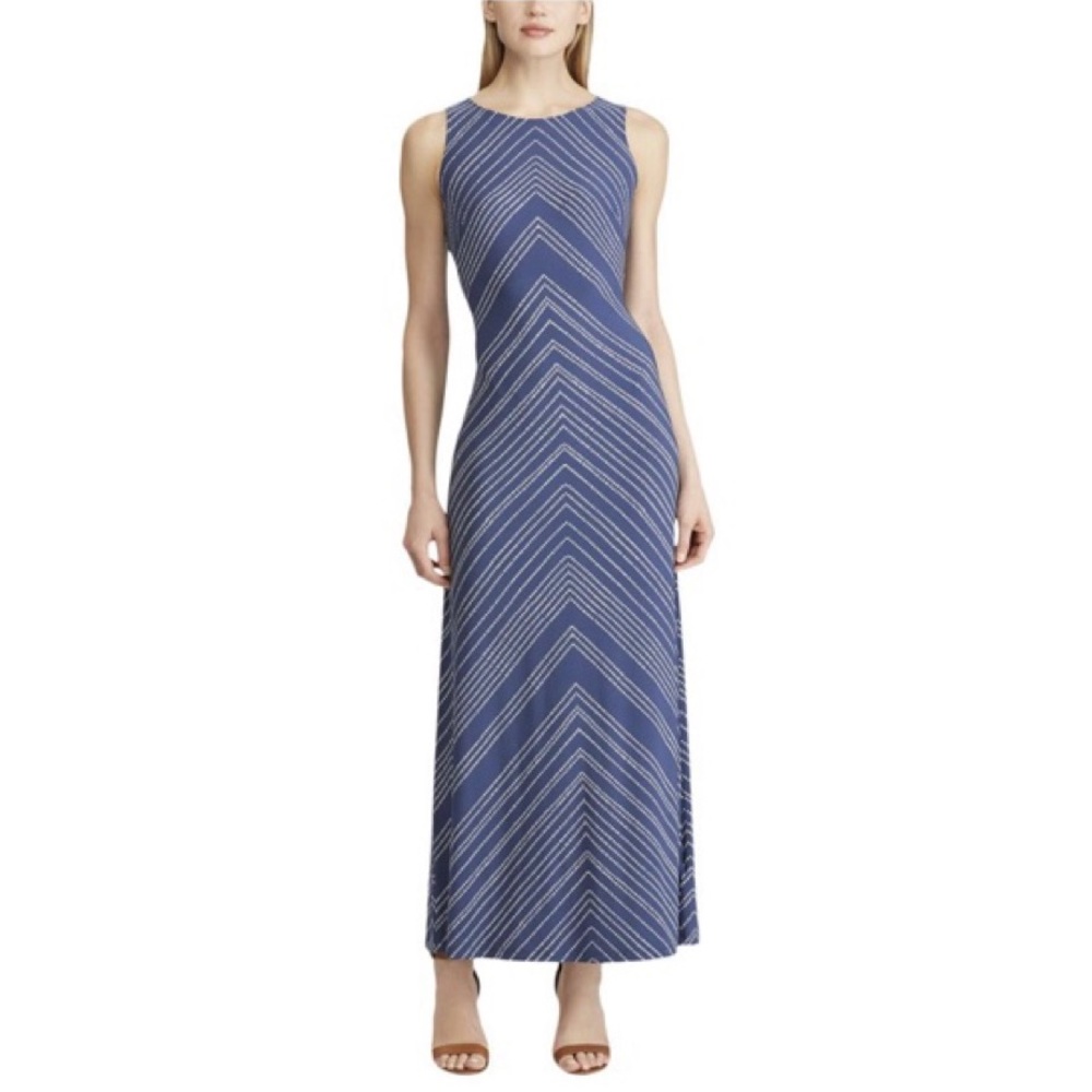 🪢 American Living Blue Chevron Stripe Sleeveless Maxi Sheath Dress Women 4